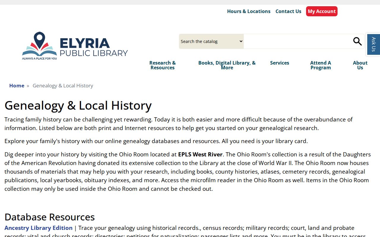 Elyria residents directory Elyria Public Library genealogy resources