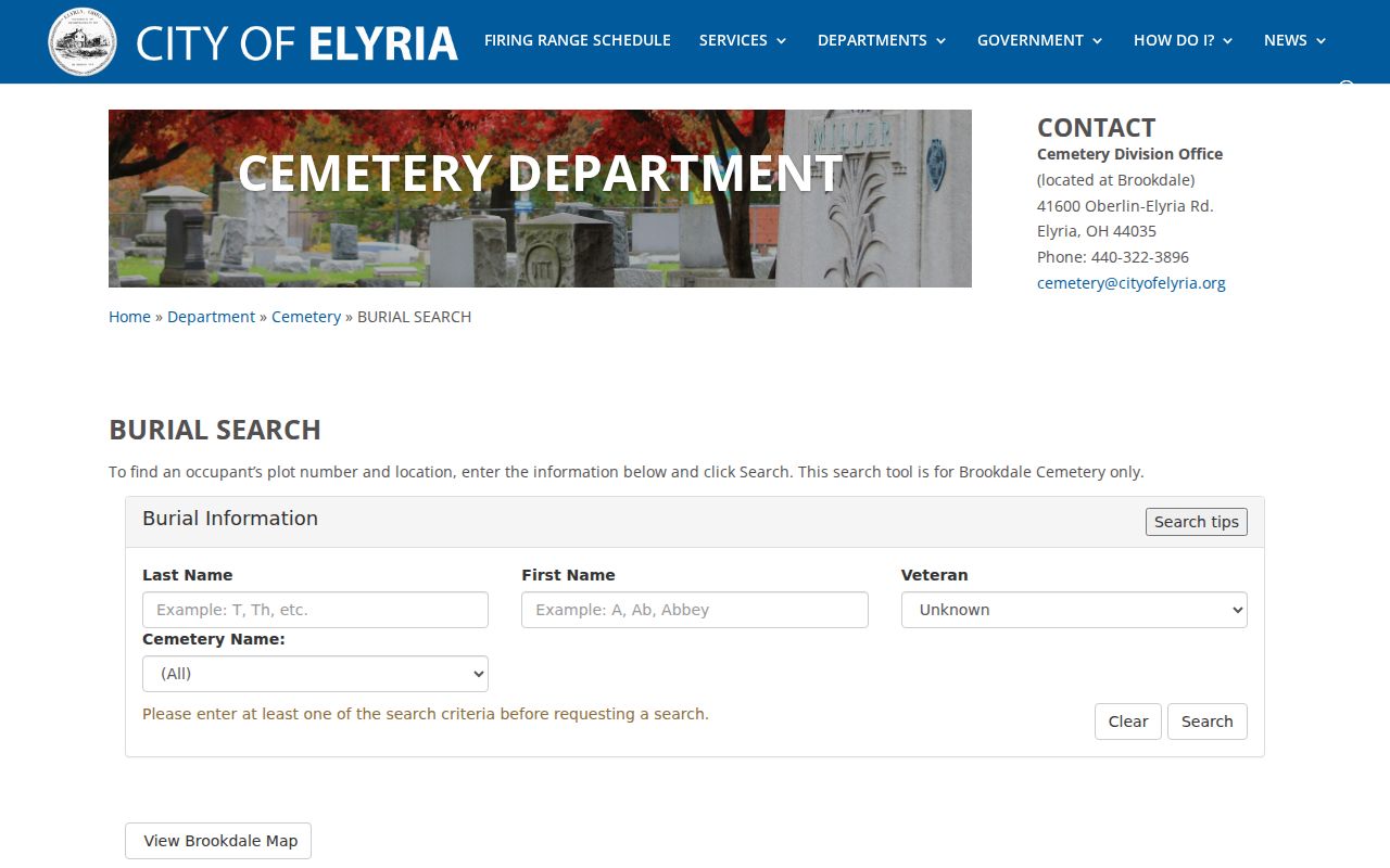 Elyria previous residents Brookdale burial search