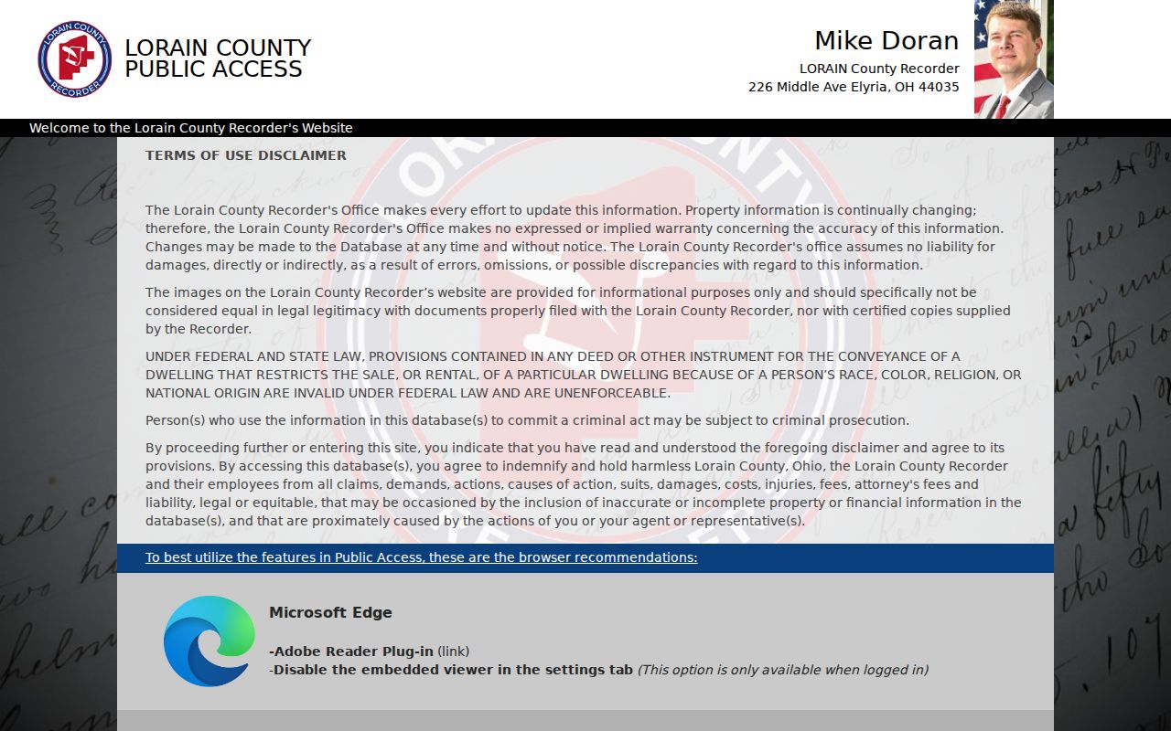 Elyria street directory Recorder PAX account access screen